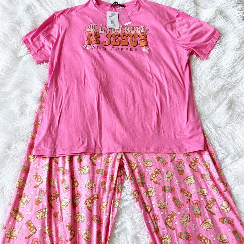 Simply Southern Jesus Coffee Pajama Set XL Pink Western Cowboy NWT Christian